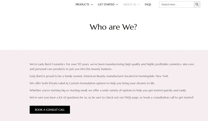 Lady Burd Cosmetics homepage section 'Who are We?' describing their manufacturing of cosmetics and skin care products.